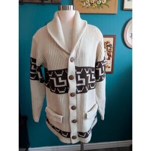 Vintage 70s Cowichan Style Knit Cardigan Shawl Collar Geometric Sweater Acrylic